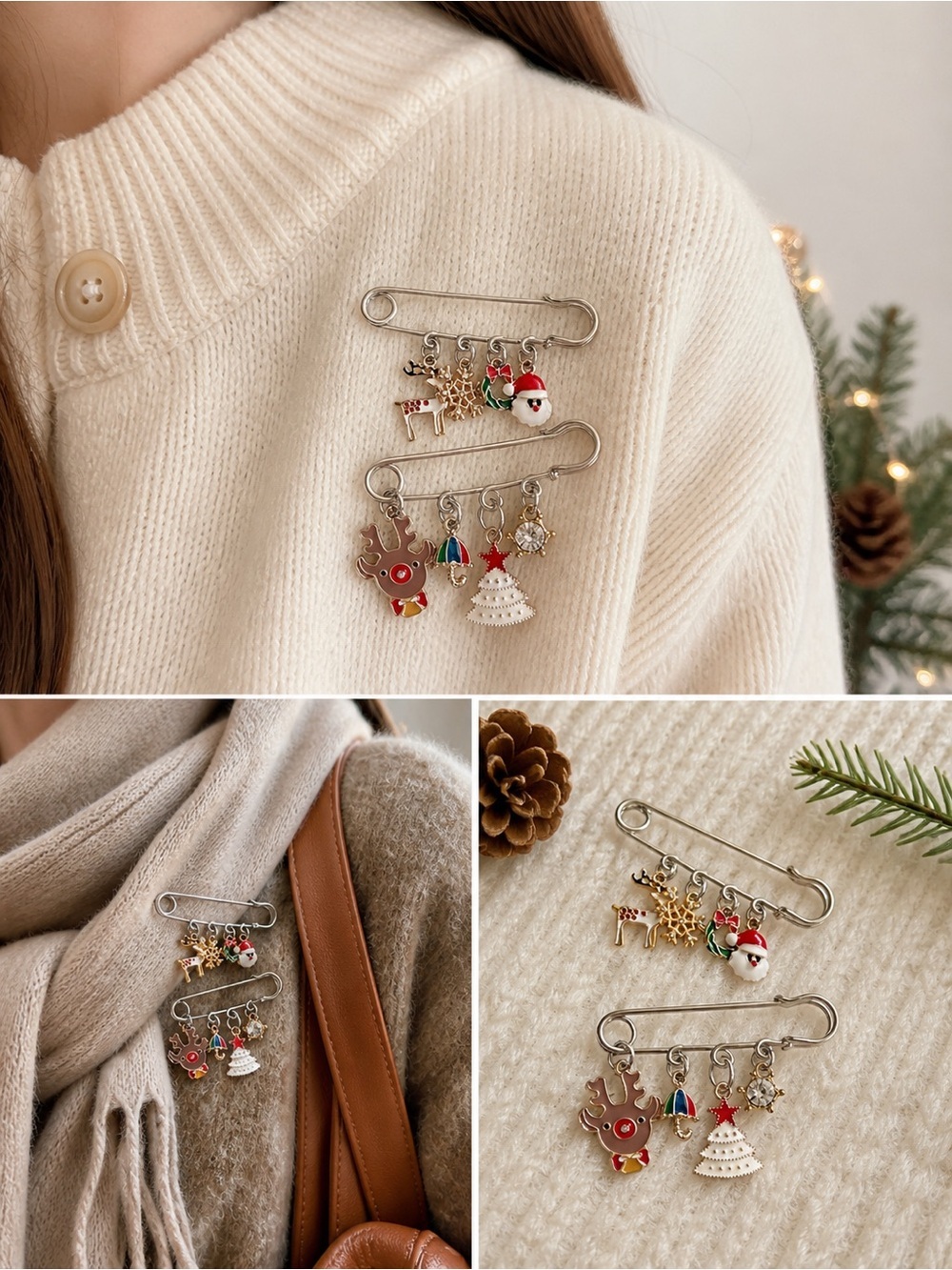 Christmas Charm Safety Pin Brooch Reindeer Santa Tree Cute Holiday Deer Set 2